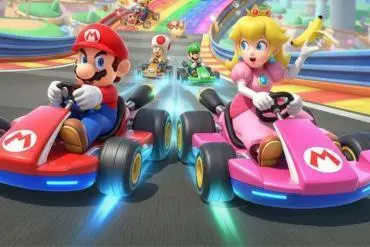 Personaggi iconici di Mario Kart come Mario, Luigi e Peach che gareggiano su una pista colorata e dinamica.