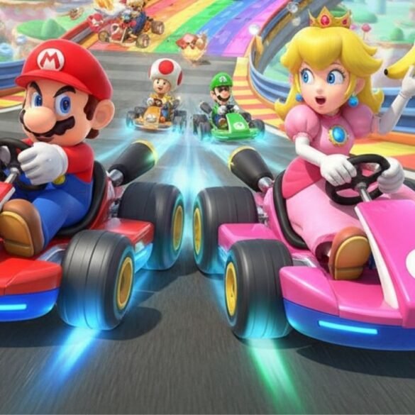 Personaggi iconici di Mario Kart come Mario, Luigi e Peach che gareggiano su una pista colorata e dinamica.