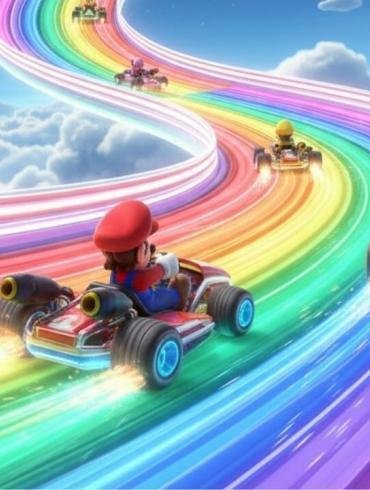 Personaggi iconici di Mario Kart come Mario, Luigi e Peach che gareggiano su una pista colorata e dinamica.