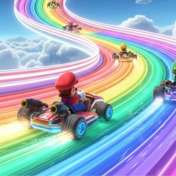 Personaggi iconici di Mario Kart come Mario, Luigi e Peach che gareggiano su una pista colorata e dinamica.