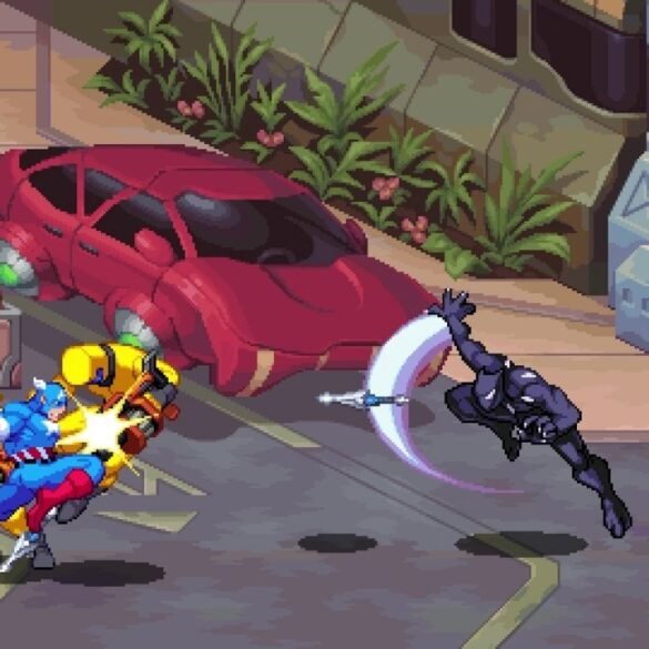 Un'immagine che mostra Black Panther e Cosmic Ghost Rider lottare fianco a fianco in un livello di MARVEL Cosmic Invasion, con un'estetica che richiama i fumetti classici.