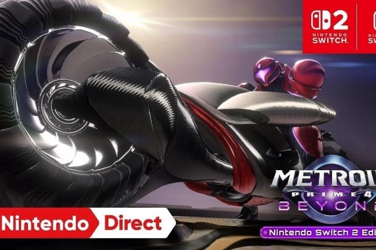 La cacciatrice di taglie Samus Aran in motoun'ambientazione sci-fi oscura, con il logo di Metroid Prime 4: Beyond e un'icona della Nintendo Switch 2.