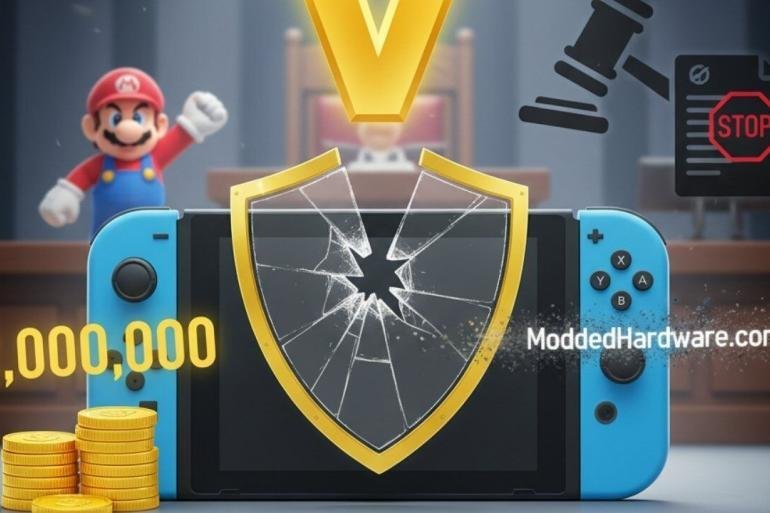 Una sala del tribunale stilizzata. In primo piano, una Nintendo Switch con uno scudo dorato e rotto sul display, simboleggiando la protezione infranta. Accanto alla console, pile di monete d'oro che rappresentano 2.000.000 di dollari. Dalla parte opposta, un martelletto da giudice e un documento con la scritta "STOP" barrata, con il testo "https://www.google.com/search?q=ModdedHardware.com". Mario osserva trionfante sullo sfondo.