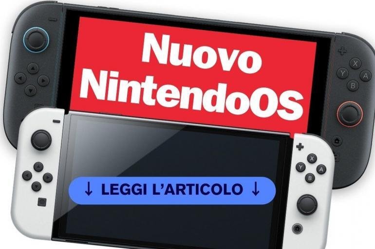 Una console Nintendo Switch 2 con una notifica di aggiornamento sul display, a simboleggiare l'aggiornamento di NintendoOS.
