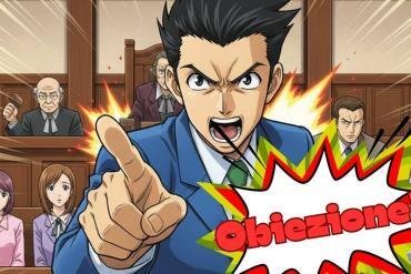 Un'immagine del videogioco Phoenix Wright: Ace Attorney Trilogy che mostra il protagonista Phoenix Wright in tribunale, con un grande fumetto che recita 'OBIEZIONE!' in primo piano.