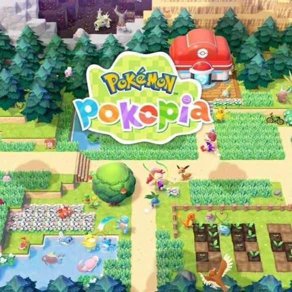 Un'illustrazione dal gioco Pokémon Pokopia, dove il personaggio principale, un Ditto con sembianze umane, si prende cura di un villaggio rigoglioso pieno di vari Pokémon.