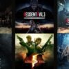 Una composizione di box art dei giochi di Resident Evil disponibili su Nintendo Switch, con il logo di Resident Evil al centro. Tra i giochi visibili ci sono Resident Evil 4, Resident Evil 7 e Resident Evil Revelations.