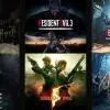 Una composizione di box art dei giochi di Resident Evil disponibili su Nintendo Switch, con il logo di Resident Evil al centro. Tra i giochi visibili ci sono Resident Evil 4, Resident Evil 7 e Resident Evil Revelations.