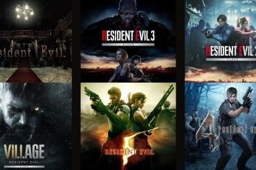 Una composizione di box art dei giochi di Resident Evil disponibili su Nintendo Switch, con il logo di Resident Evil al centro. Tra i giochi visibili ci sono Resident Evil 4, Resident Evil 7 e Resident Evil Revelations.