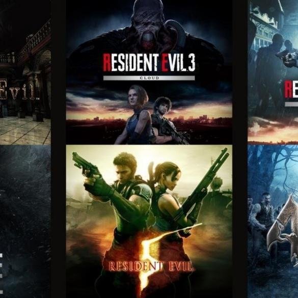 Una composizione di box art dei giochi di Resident Evil disponibili su Nintendo Switch, con il logo di Resident Evil al centro. Tra i giochi visibili ci sono Resident Evil 4, Resident Evil 7 e Resident Evil Revelations.