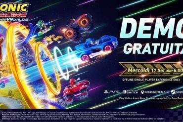 Una scena di gioco di Sonic Racing: CrossWorlds con Sonic in un kart, con la scritta "DEMO" e un logo di Nintendo Switch.