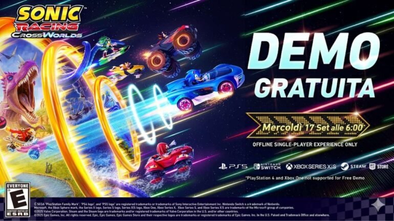 Una scena di gioco di Sonic Racing: CrossWorlds con Sonic in un kart, con la scritta "DEMO" e un logo di Nintendo Switch.