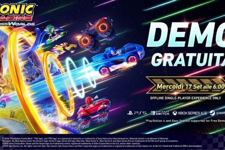 Una scena di gioco di Sonic Racing: CrossWorlds con Sonic in un kart, con la scritta "DEMO" e un logo di Nintendo Switch.