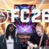 Una composizione grafica che unisce il logo di EA SPORTS FC 26 con le foto di artisti come Ed Sheeran e Moise Kean, con uno sfondo che richiama lo stadio e la musica.
