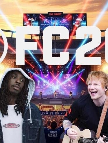 Una composizione grafica che unisce il logo di EA SPORTS FC 26 con le foto di artisti come Ed Sheeran e Moise Kean, con uno sfondo che richiama lo stadio e la musica.