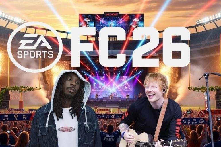 Una composizione grafica che unisce il logo di EA SPORTS FC 26 con le foto di artisti come Ed Sheeran e Moise Kean, con uno sfondo che richiama lo stadio e la musica.