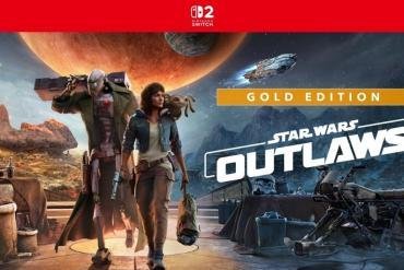 Una scena cinematica in-game di Kay Vess e il suo compagno Nix in un'ambientazione a tema Star Wars, con i loghi del gioco e della Nintendo Switch 2.