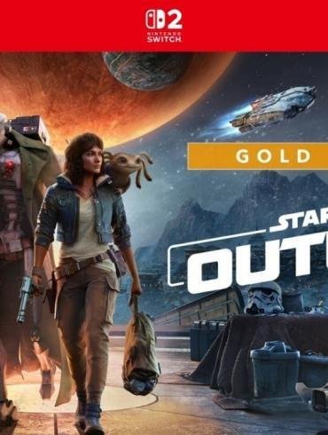 Una scena cinematica in-game di Kay Vess e il suo compagno Nix in un'ambientazione a tema Star Wars, con i loghi del gioco e della Nintendo Switch 2.