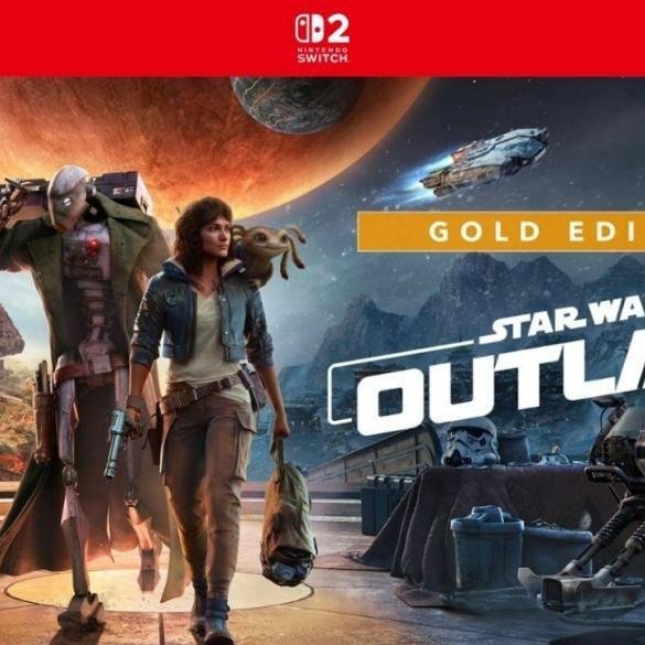Una scena cinematica in-game di Kay Vess e il suo compagno Nix in un'ambientazione a tema Star Wars, con i loghi del gioco e della Nintendo Switch 2.