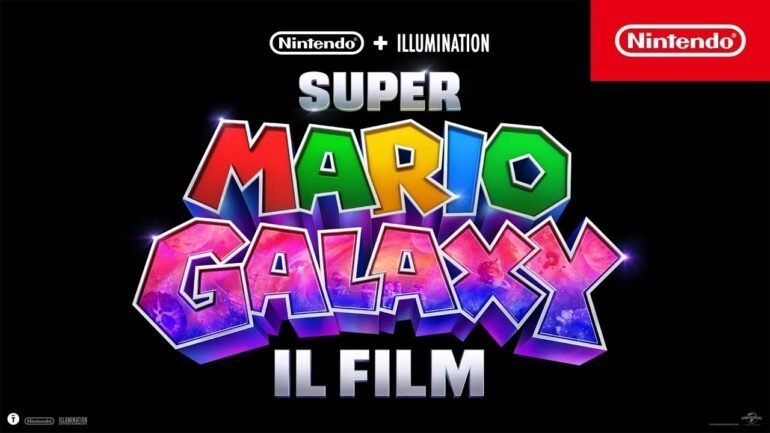 Il logo di Super Mario Galaxy Il Film in stile cosmico, con stelle e galassie