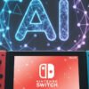 sfondo di un joycon e lo schermo di una console con i loghi di Nintendo, mentre il logo dell'IA sta sullo sfondo e si vede di traverso.