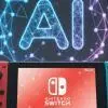 sfondo di un joycon e lo schermo di una console con i loghi di Nintendo, mentre il logo dell'IA sta sullo sfondo e si vede di traverso.