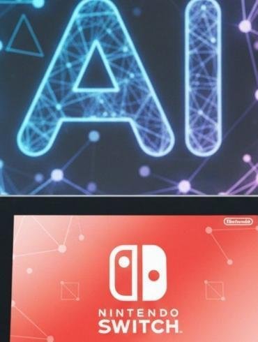 sfondo di un joycon e lo schermo di una console con i loghi di Nintendo, mentre il logo dell'IA sta sullo sfondo e si vede di traverso.