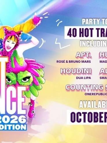 Bluey sullo sfondo del logo di Just Dance 2026 Edition.