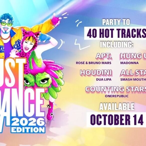Bluey sullo sfondo del logo di Just Dance 2026 Edition.