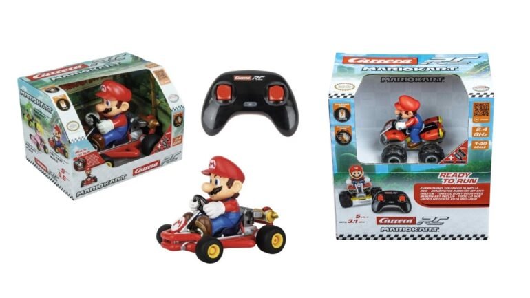 Immagine che mostra i set da corsa Carrera e i veicoli radiocomandati (RC) a tema Mario Kart, celebrando i 40 anni di Super Mario.