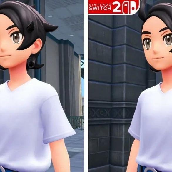 Immagine affiancata che mostra una scena di Pokémon Legends Z-A con la scritta 'Switch 2' su un lato (più nitido) e 'Switch 1' sull'altro (meno definito).