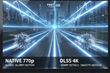 Un'immagine che rappresenta il DLSS in azione su Nintendo Switch 2, con un contrasto tra un'immagine nitida e una sfocata per mostrare l'effetto di upscaling.
