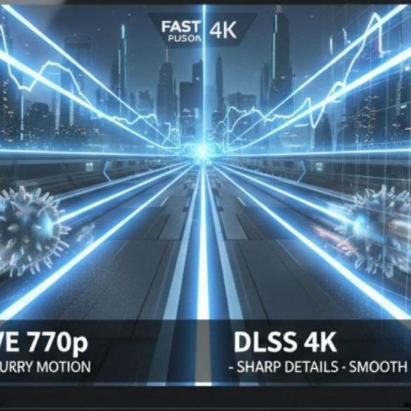 Un'immagine che rappresenta il DLSS in azione su Nintendo Switch 2, con un contrasto tra un'immagine nitida e una sfocata per mostrare l'effetto di upscaling.