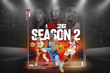 Immagine promozionale della Stagione 2 di NBA 2K26 che presenta le star di copertina, Shai Gilgeous-Alexander, Angel Reese e Carmelo Anthony.