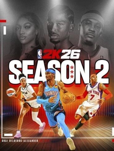 Immagine promozionale della Stagione 2 di NBA 2K26 che presenta le star di copertina, Shai Gilgeous-Alexander, Angel Reese e Carmelo Anthony.