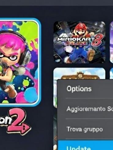 Una schermata del Menu HOME di Nintendo Switch che mostra l'icona di Splatoon 2 con la finestra delle opzioni aperta sull'opzione "Aggiornamento Software".