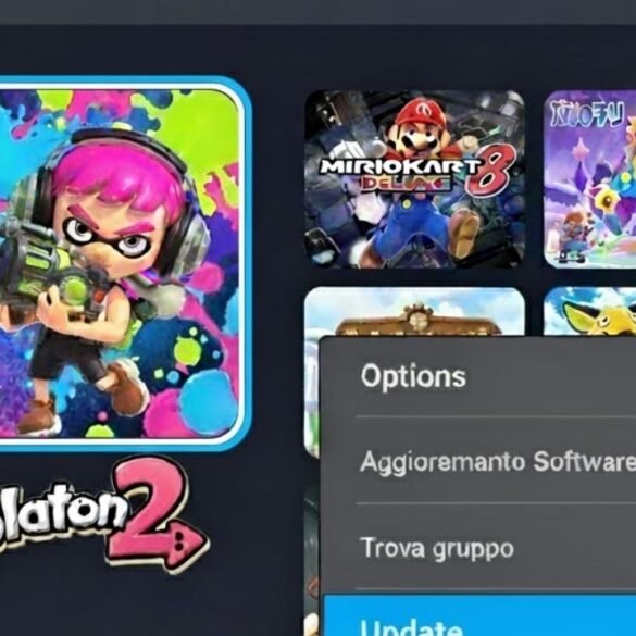 Una schermata del Menu HOME di Nintendo Switch che mostra l'icona di Splatoon 2 con la finestra delle opzioni aperta sull'opzione "Aggiornamento Software".