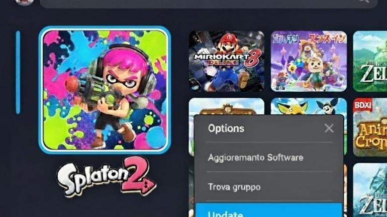 Una schermata del Menu HOME di Nintendo Switch che mostra l'icona di Splatoon 2 con la finestra delle opzioni aperta sull'opzione "Aggiornamento Software".