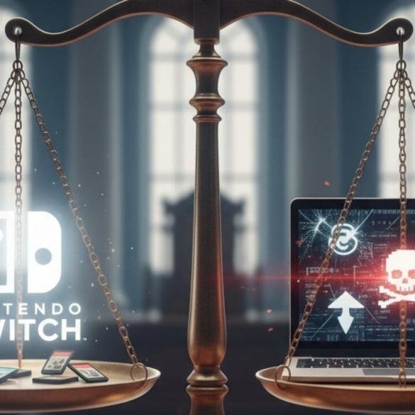 Un'immagine che simboleggia la giustizia, con una bilancia in equilibrio, da un lato il logo di Nintendo e dall'altro un computer con simboli di pirateria.