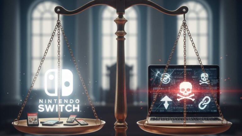 Un'immagine che simboleggia la giustizia, con una bilancia in equilibrio, da un lato il logo di Nintendo e dall'altro un computer con simboli di pirateria.