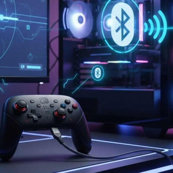 Pro Controller di Nintendo Switch collegato con un cavo USB a un PC da gaming