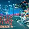 Immagine stilizzata di gameplay di Skate Story, che mostra il demone fatto di vetro e dolore mentre esegue un trick con lo skateboard nell'ambientazione Ash e fumo dell'Underworld.