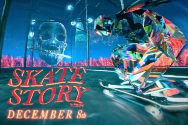 Immagine stilizzata di gameplay di Skate Story, che mostra il demone fatto di vetro e dolore mentre esegue un trick con lo skateboard nell'ambientazione Ash e fumo dell'Underworld.