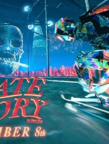 Immagine stilizzata di gameplay di Skate Story, che mostra il demone fatto di vetro e dolore mentre esegue un trick con lo skateboard nell'ambientazione Ash e fumo dell'Underworld.