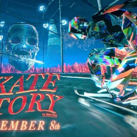 Immagine stilizzata di gameplay di Skate Story, che mostra il demone fatto di vetro e dolore mentre esegue un trick con lo skateboard nell'ambientazione Ash e fumo dell'Underworld.