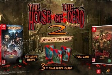 L'immagine mostra il contenuto dell'edizione fisica di The House of the Dead 2: Remake per Nintendo Switch, chiamata "Infect'Edition". Si vedono la confezione del gioco con la scritta "Infect'Edition", una "sleeve" esclusiva, il gioco completo, e tre carte personaggio olografiche. Sullo sfondo, si riconoscono i mostri del gioco.