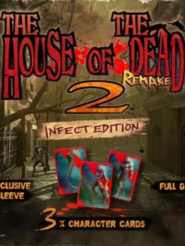 L'immagine mostra il contenuto dell'edizione fisica di The House of the Dead 2: Remake per Nintendo Switch, chiamata "Infect'Edition". Si vedono la confezione del gioco con la scritta "Infect'Edition", una "sleeve" esclusiva, il gioco completo, e tre carte personaggio olografiche. Sullo sfondo, si riconoscono i mostri del gioco.
