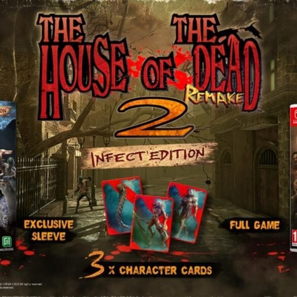 L'immagine mostra il contenuto dell'edizione fisica di The House of the Dead 2: Remake per Nintendo Switch, chiamata "Infect'Edition". Si vedono la confezione del gioco con la scritta "Infect'Edition", una "sleeve" esclusiva, il gioco completo, e tre carte personaggio olografiche. Sullo sfondo, si riconoscono i mostri del gioco.