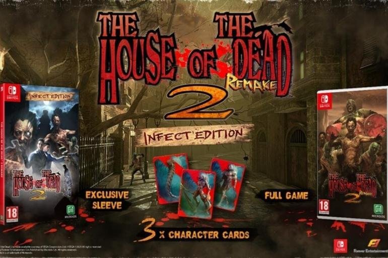 L'immagine mostra il contenuto dell'edizione fisica di The House of the Dead 2: Remake per Nintendo Switch, chiamata "Infect'Edition". Si vedono la confezione del gioco con la scritta "Infect'Edition", una "sleeve" esclusiva, il gioco completo, e tre carte personaggio olografiche. Sullo sfondo, si riconoscono i mostri del gioco.