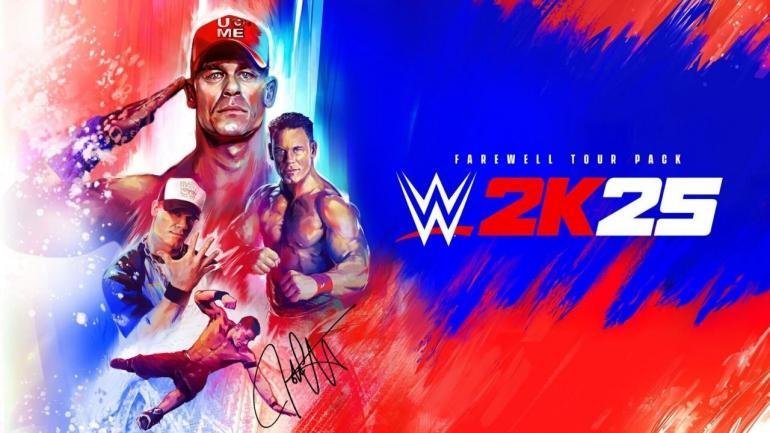 Artwork di WWE 2K25 Farewell Tour Edition con quattro personaggi giocabili: Dr. of Thuganomics John Cena, WrestleMania 41 John Cena, Brock Lesnar e Ron Cena (R-Truth), celebrando l'uscita su Nintendo Switch.